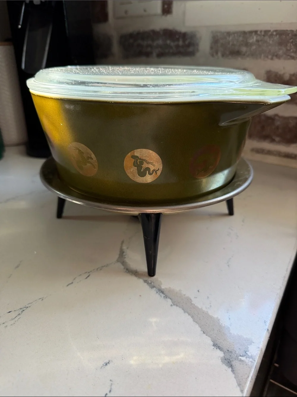 Olive Green Glass Casserole Dish with Lid - Zodiac Gold Motif Pyrex 1961